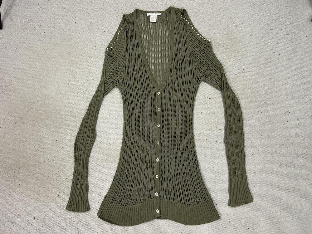 Y2K Alberto Makali Sweater Womens Medium Olive Open Knit Cardigan Cold Shoulder